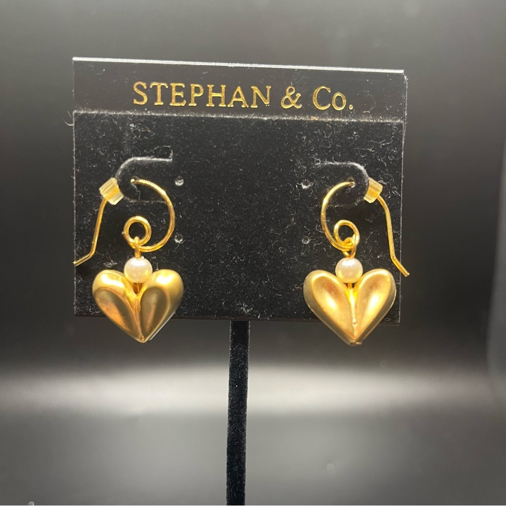 Stephan & Co Gold Tone Heart Drop Earrings | Faux Pearl Accent